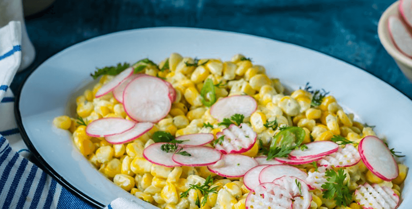 CORN SALAD WITH RADISH, JALEPENO, LIME IN MINT MAYO